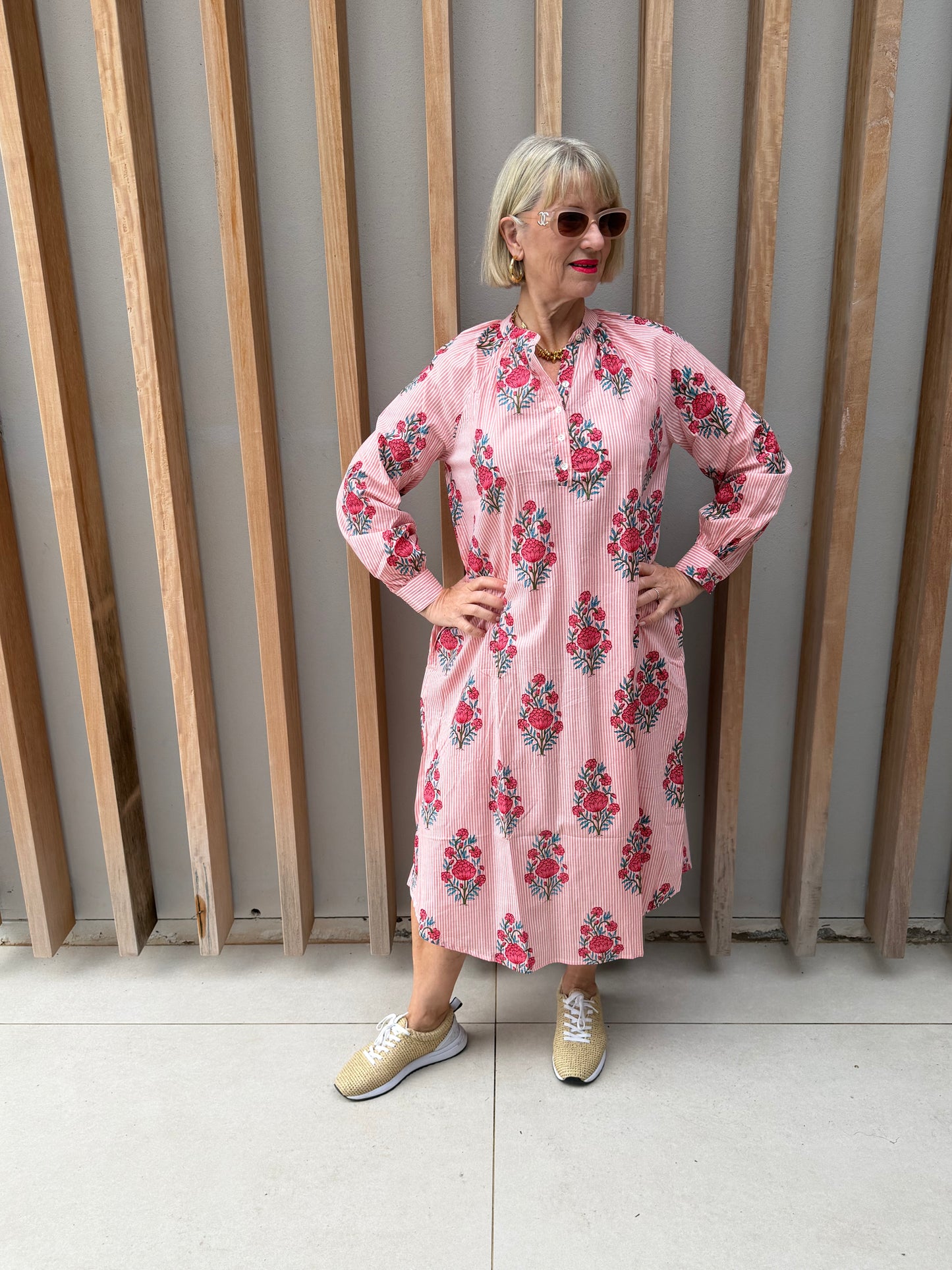 Pink & white stripe Kurta dress with floral pattern