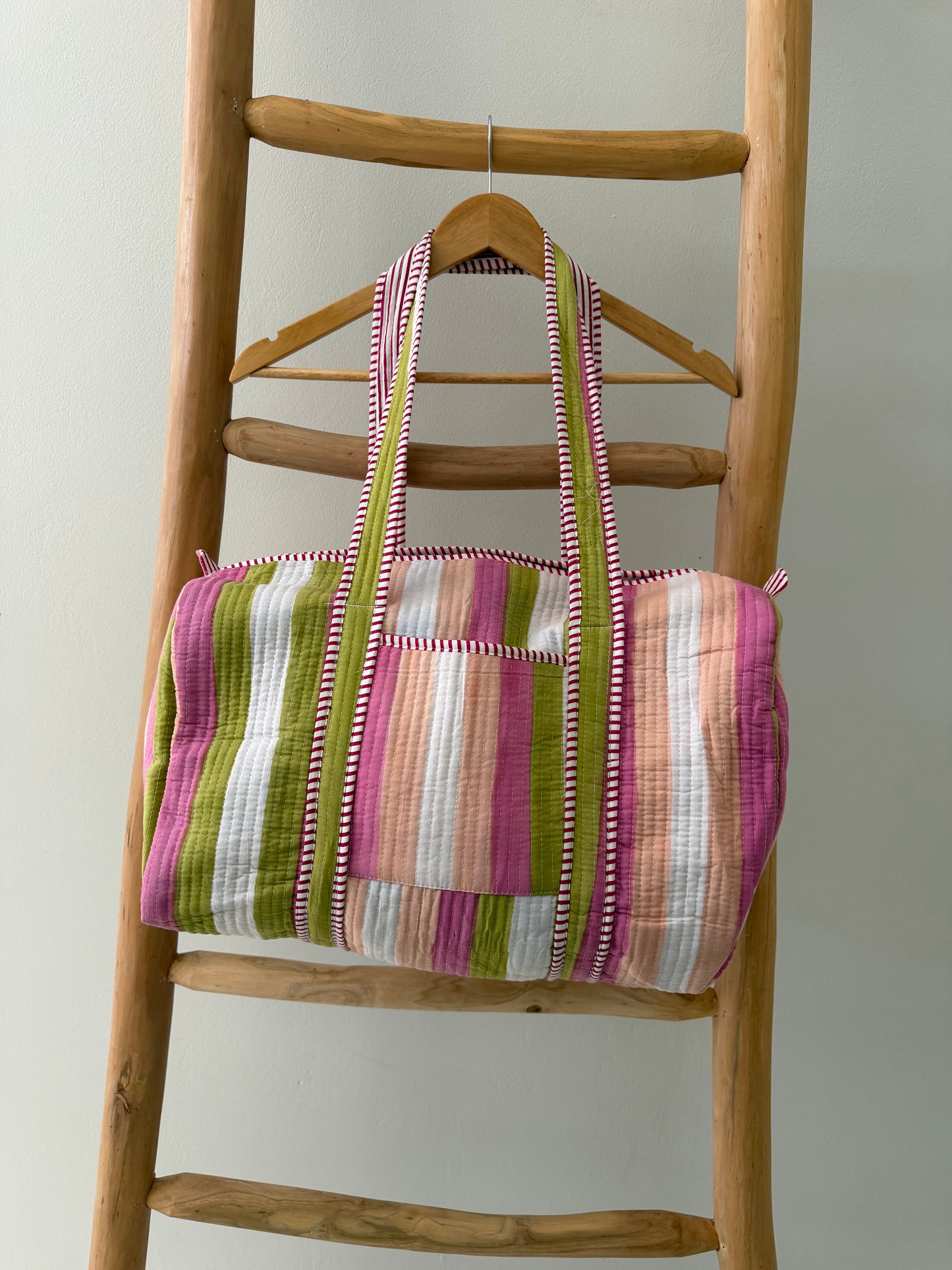 Pink, green & white striped Duffle Bag