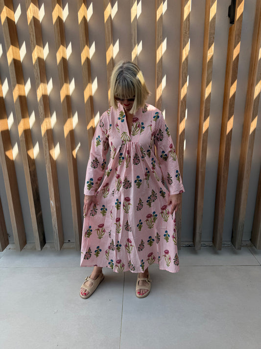 Pink & white striped dress with floral pattern