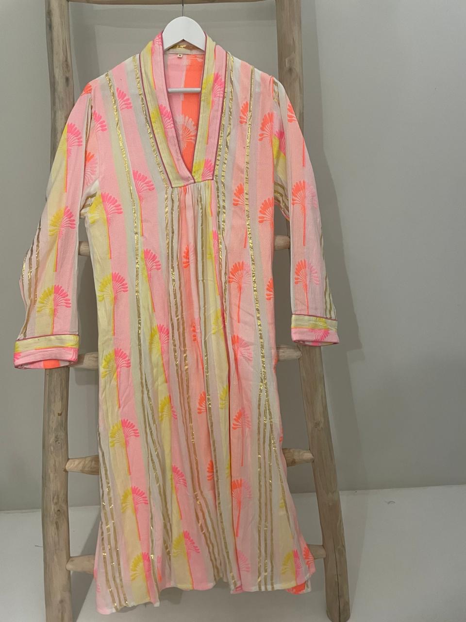 Pink yellow & gold striped dress with pink palm