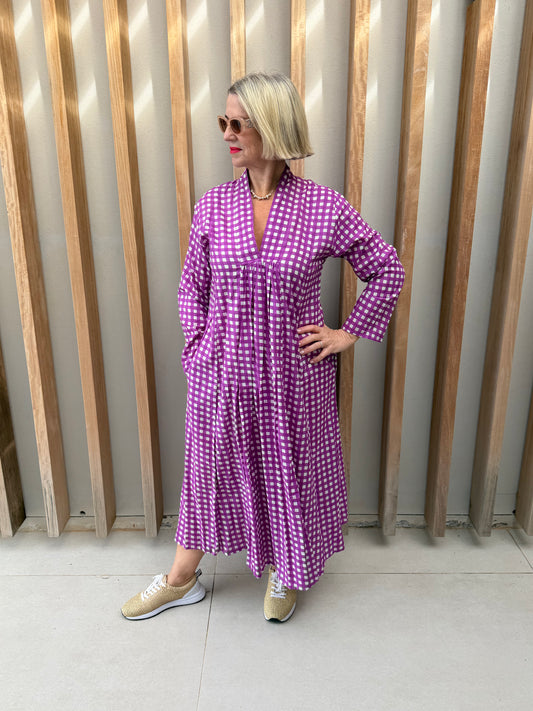 Purple & white checked dress