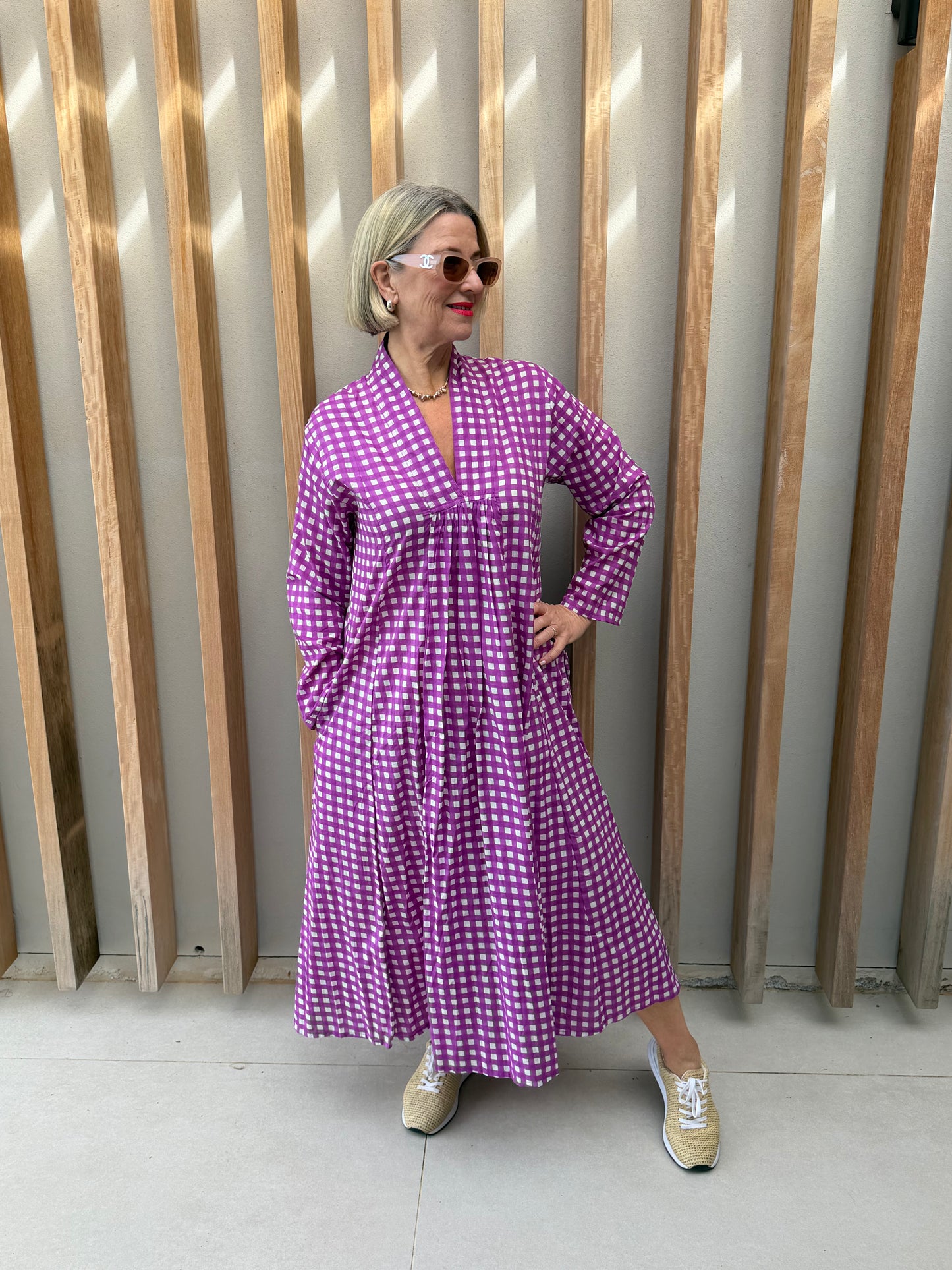 Purple & white checked dress
