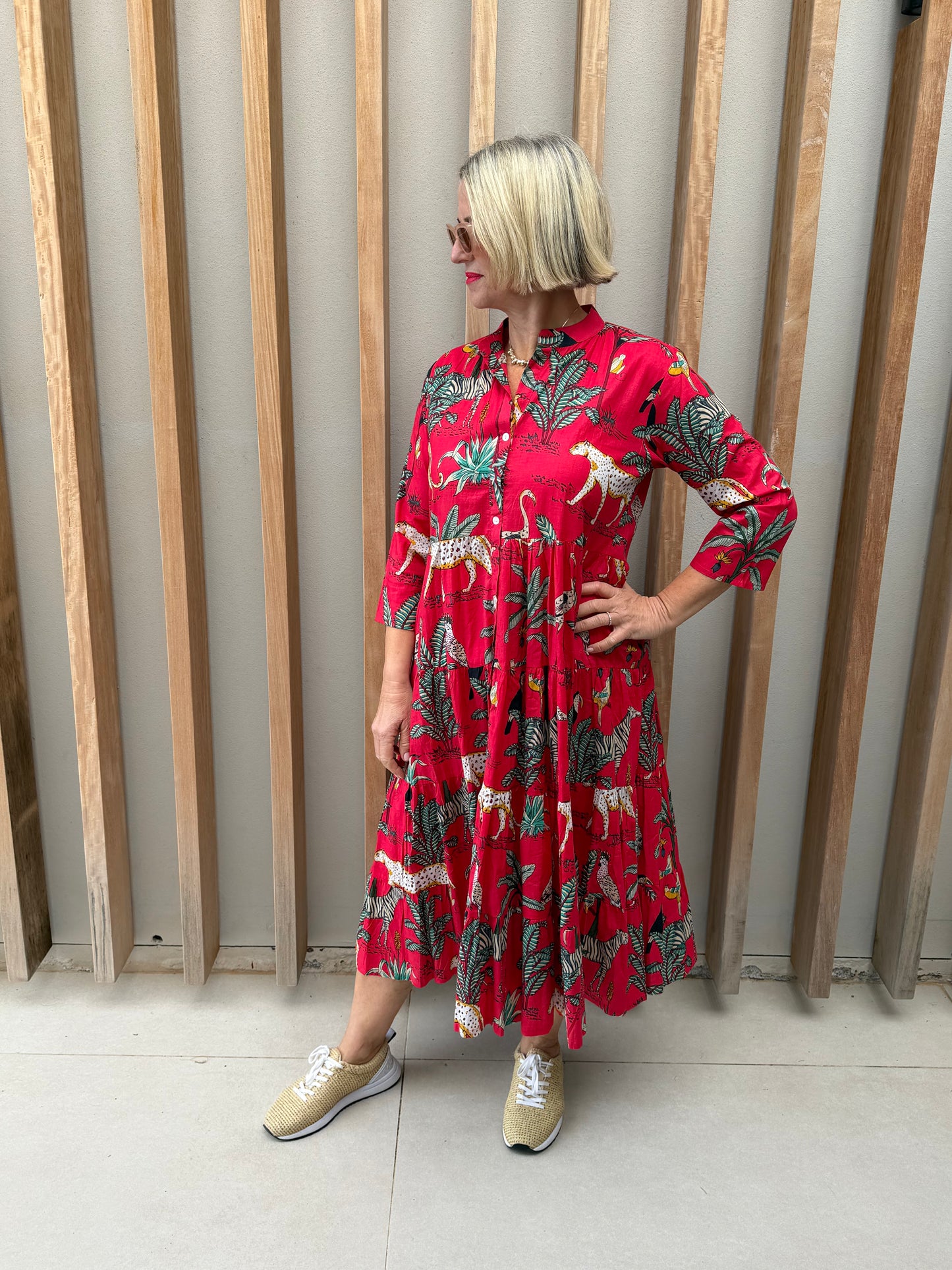 Red dress with animal palm pattern