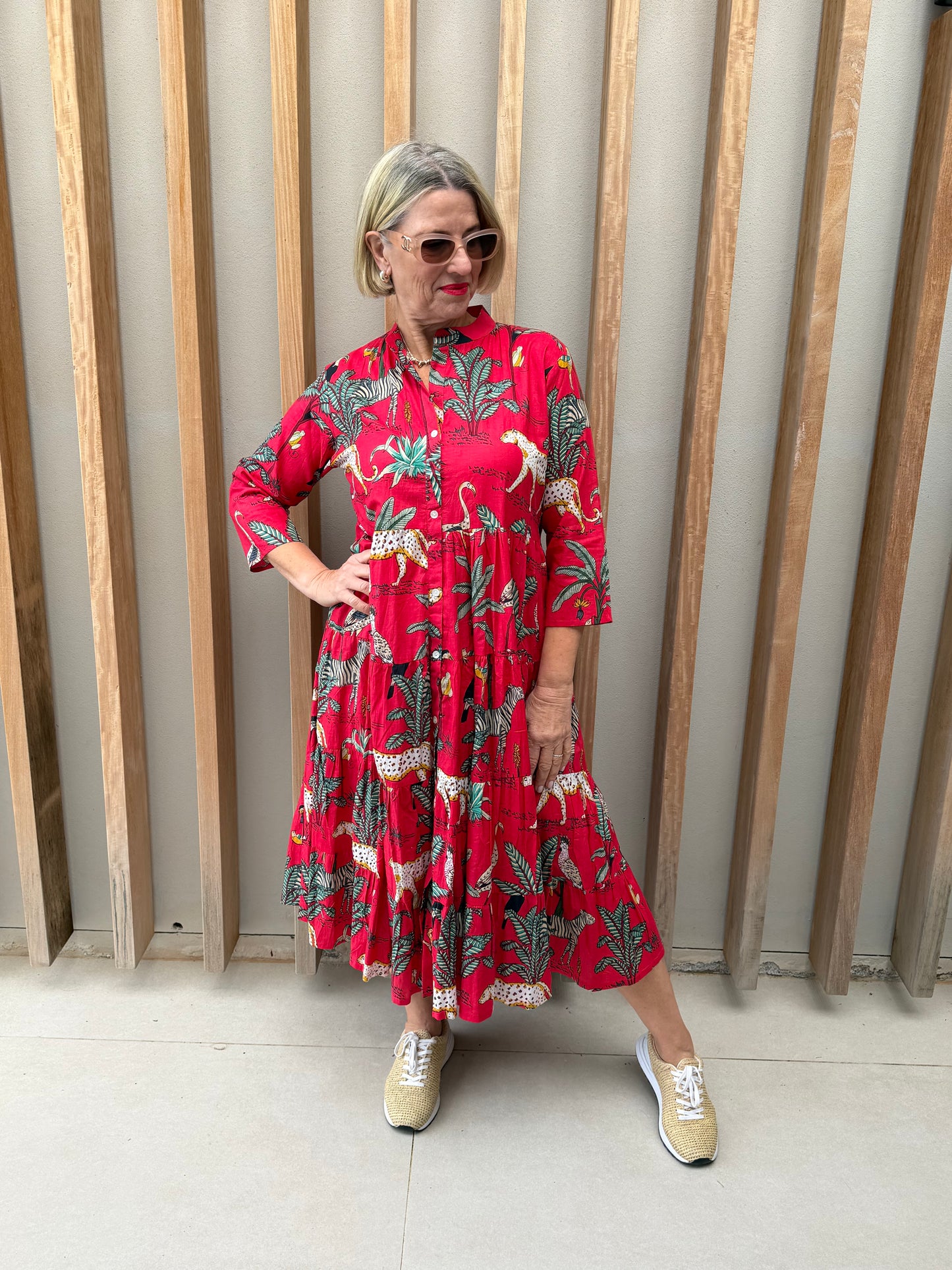Red dress with animal palm pattern