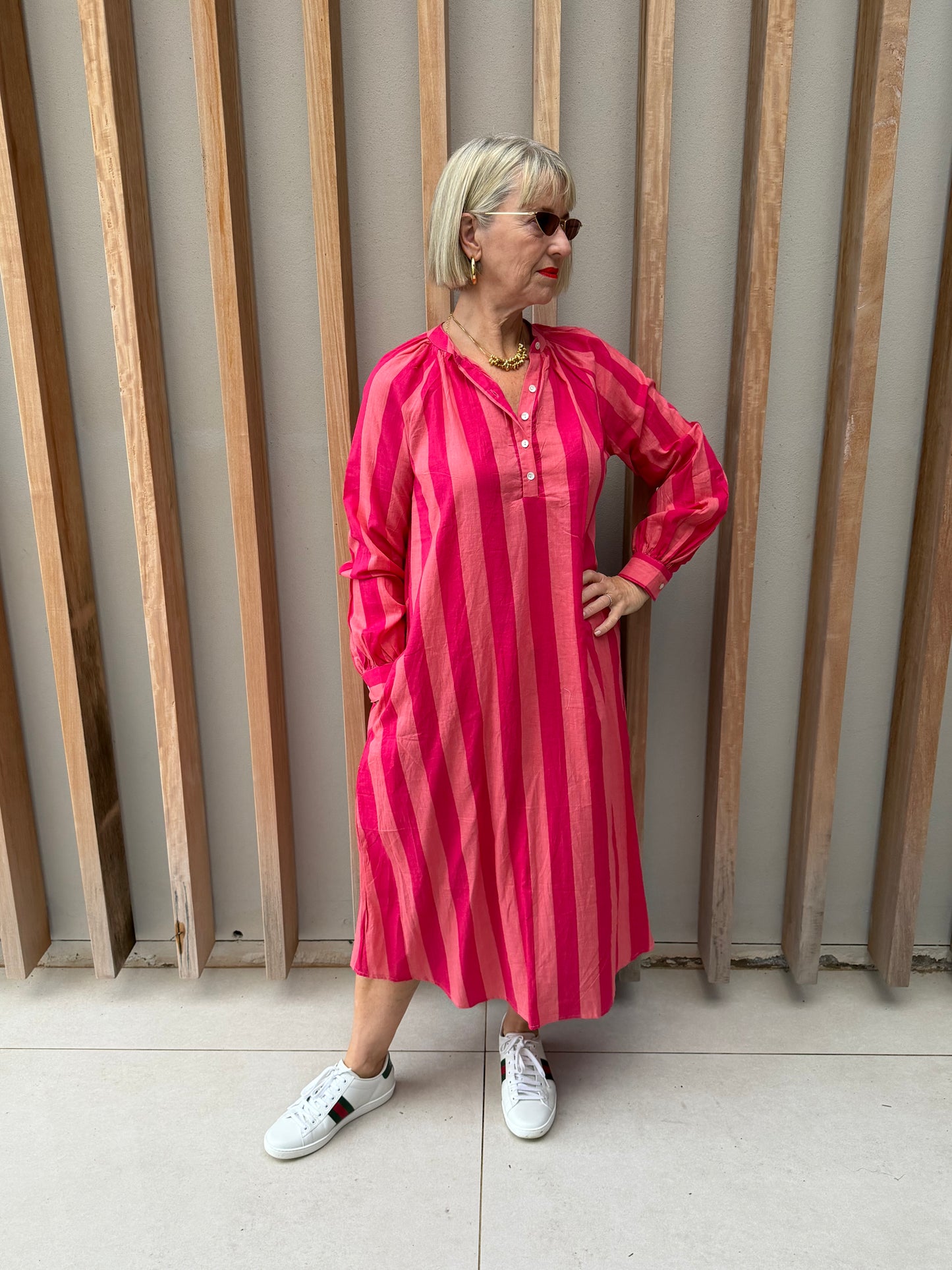 Red & peach striped Kurta dress