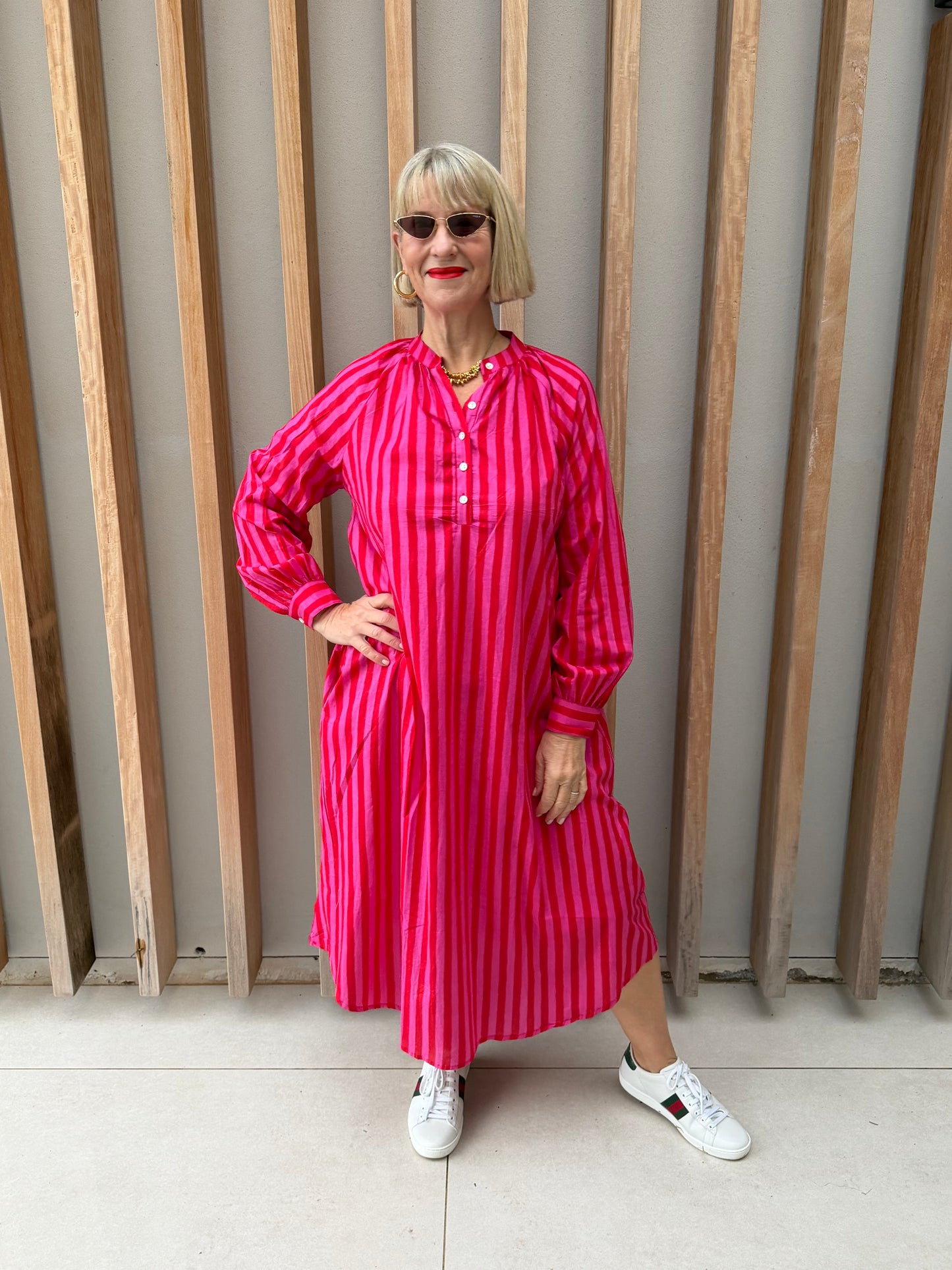 Red & pink thin stripe Kurta dress