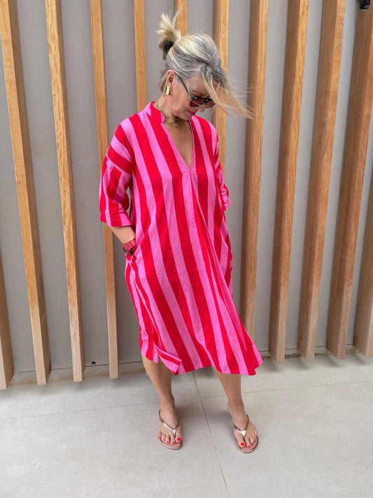 Red pink stripe dress