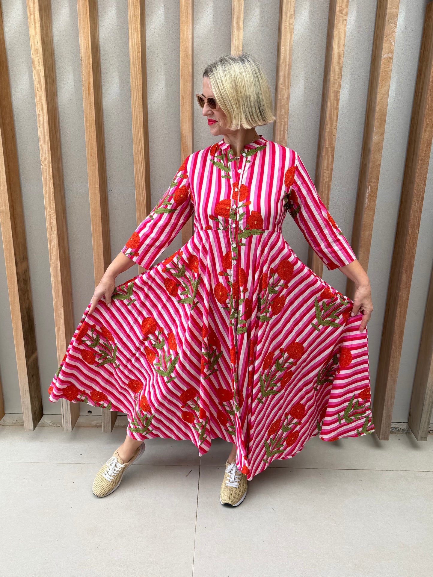 Red white & pink flared dress (button-up)