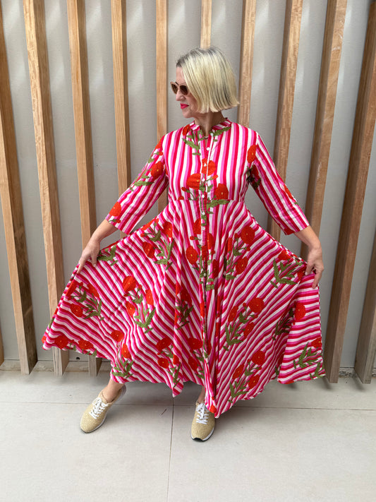 Red white & pink flared dress (button-up)