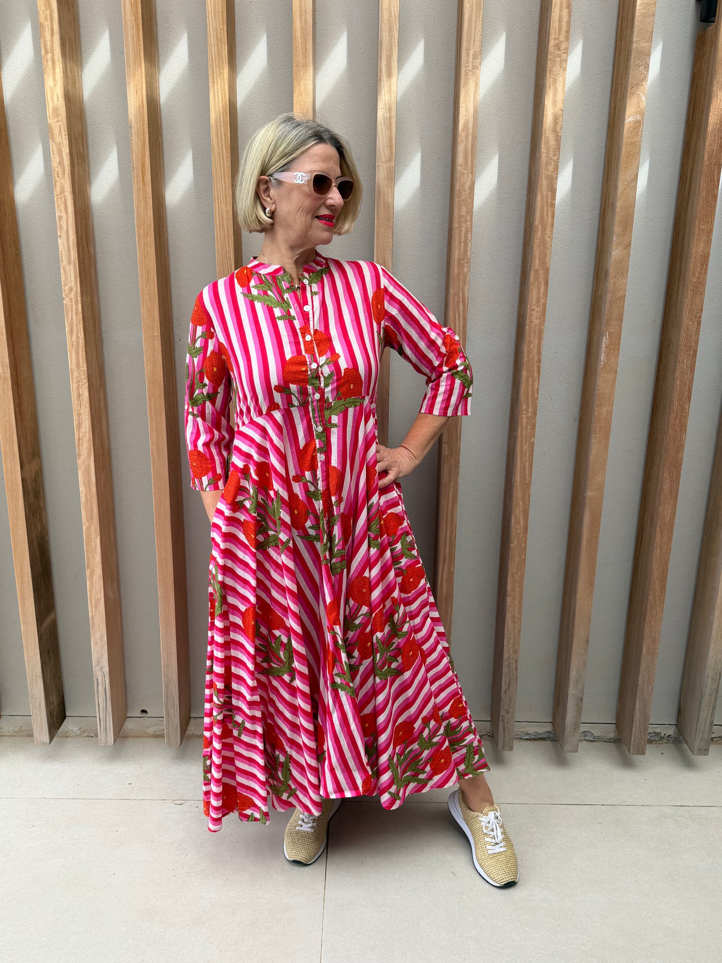 Red white & pink flared dress (button-up)