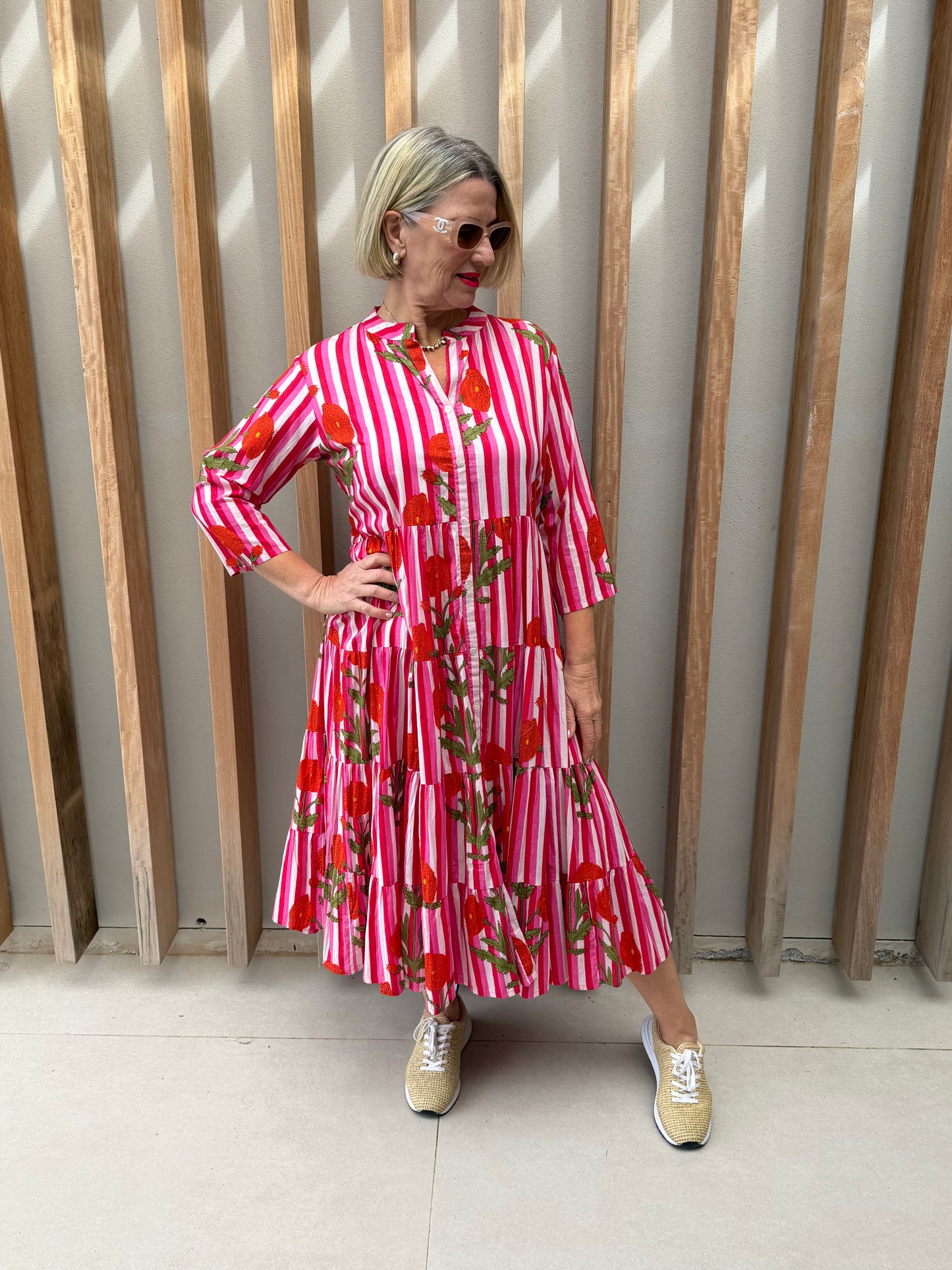 Red, white & pink striped gathered dress (button-up)