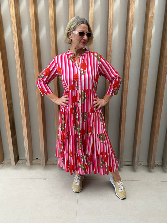 Red, white & pink striped gathered dress (button-up)