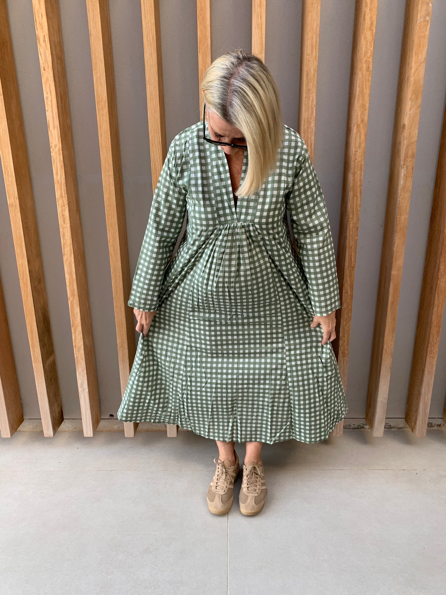Sage green dress with white checks