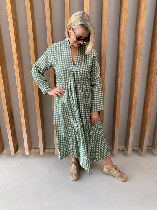 Sage green dress with white checks