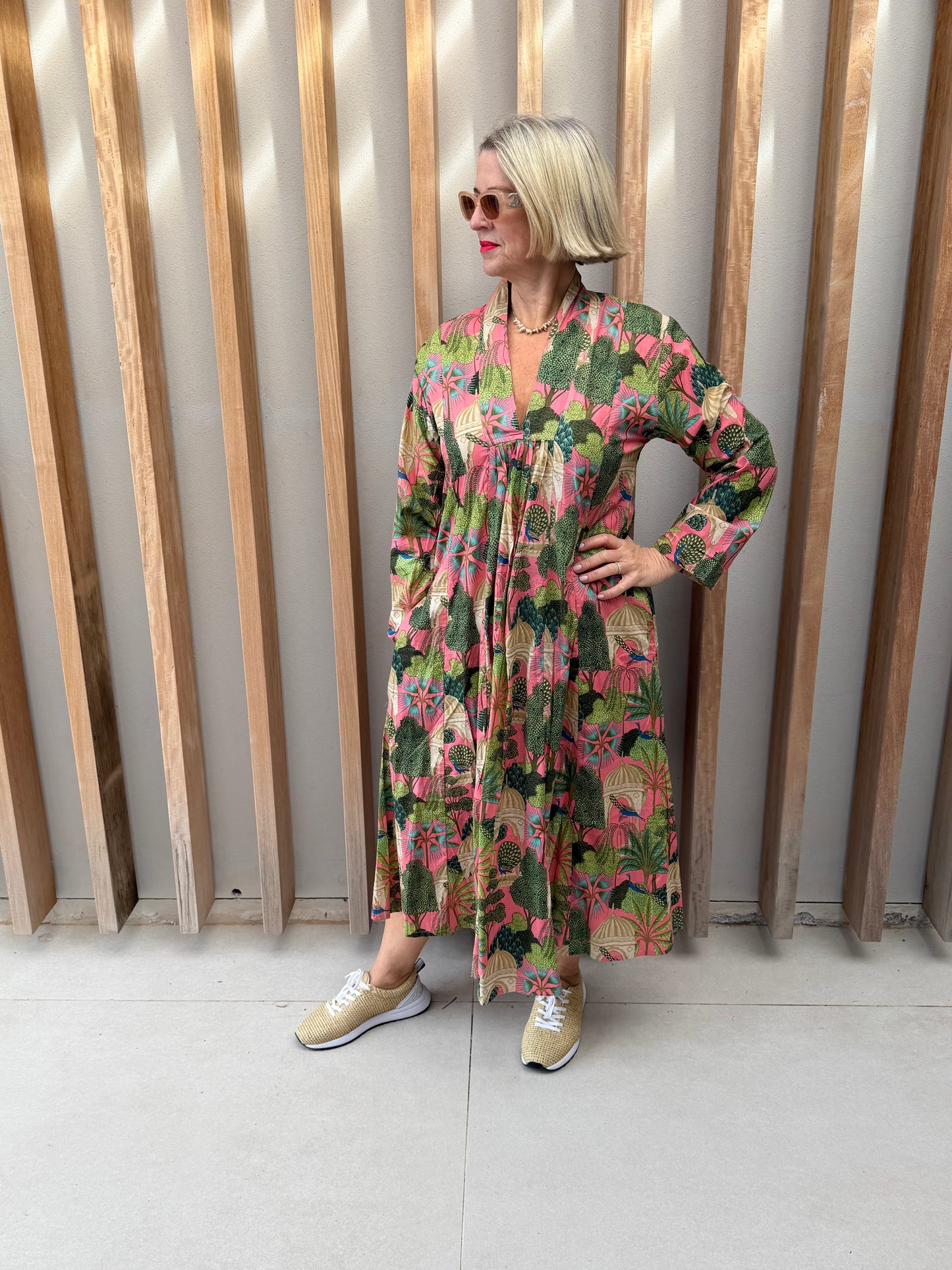 Salmon pink & green floral dress