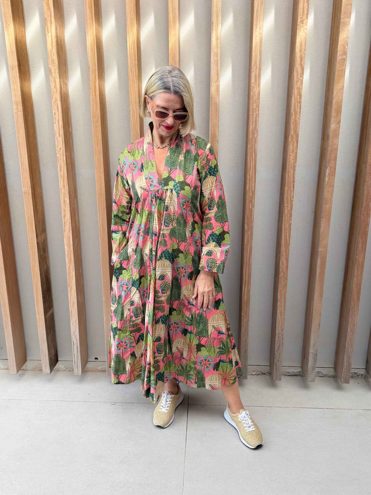Salmon pink & green floral dress