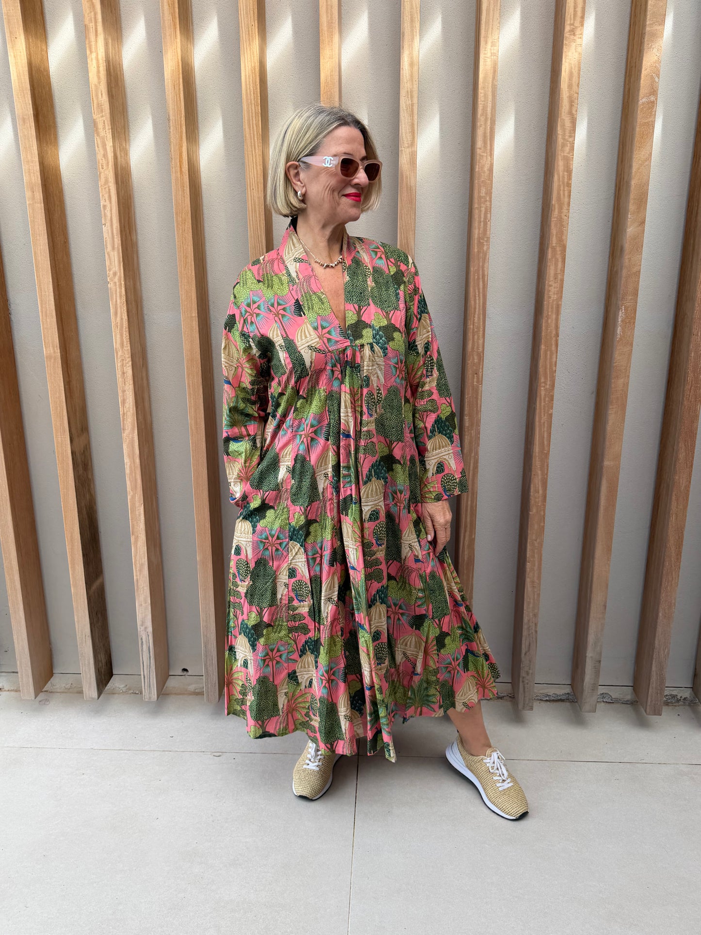 Salmon pink & green floral dress