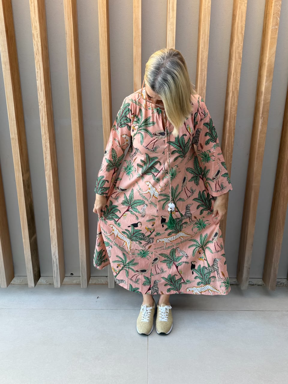 Salmon pink dress with animal palm pattern