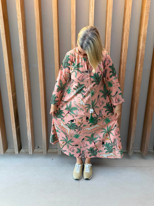 Salmon pink dress with animal palm pattern