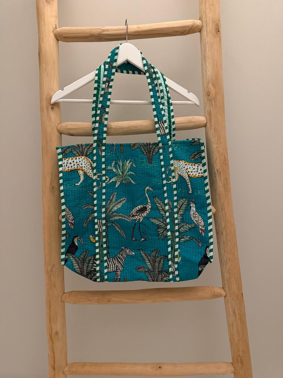 Sea green Tote Bag with animal palm pattern