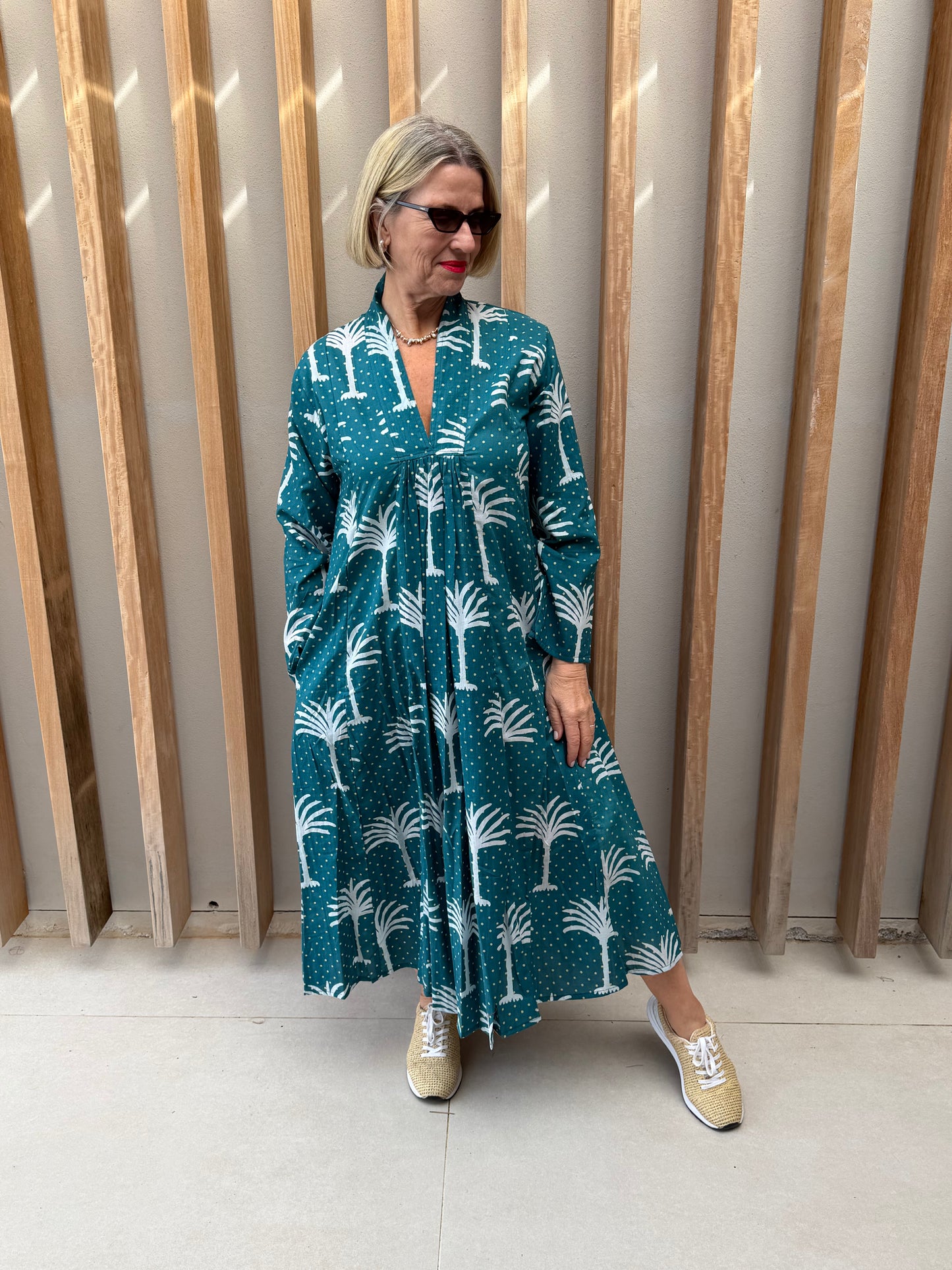 Sea green dress with white palm pattern