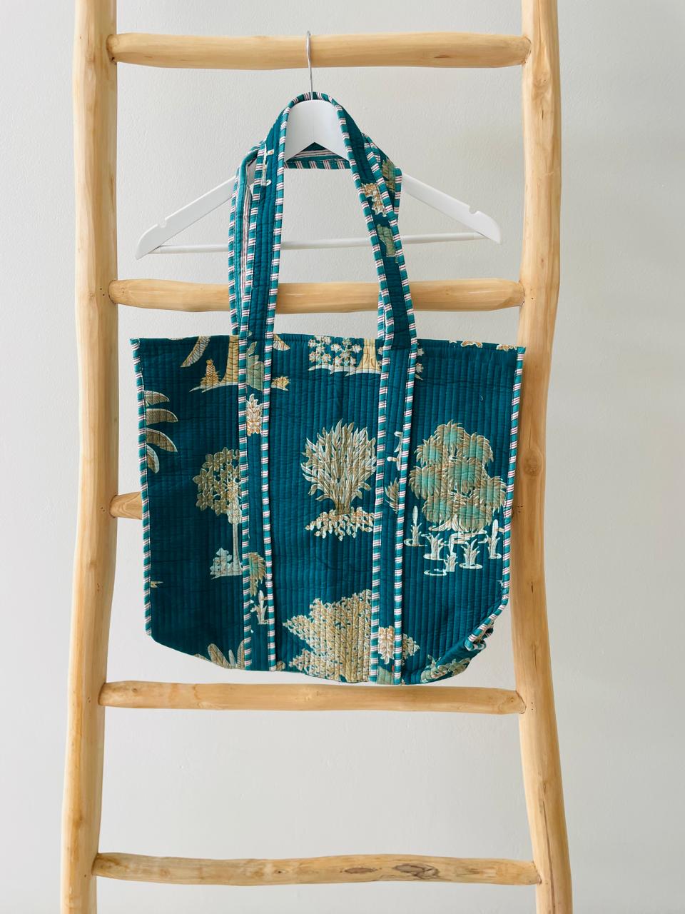 Sea green Tote Bag with palm pattern