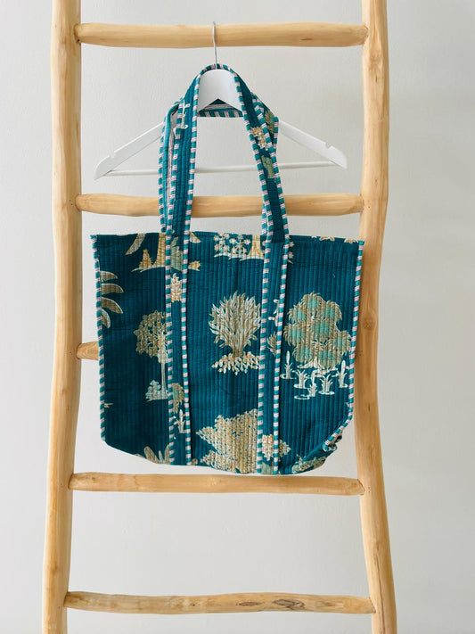 Sea green Tote Bag with palm pattern