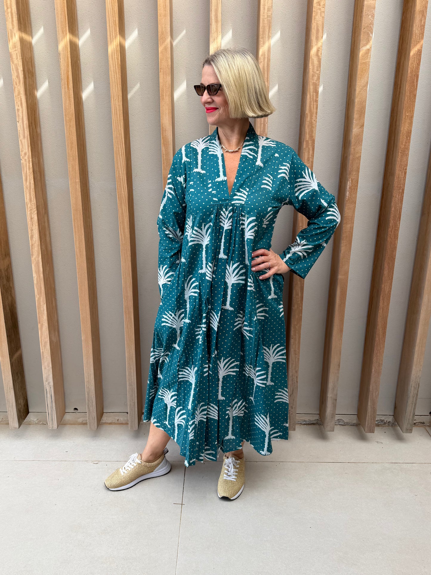 Sea green dress with white palm pattern