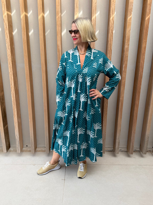 Sea green dress with white palm pattern