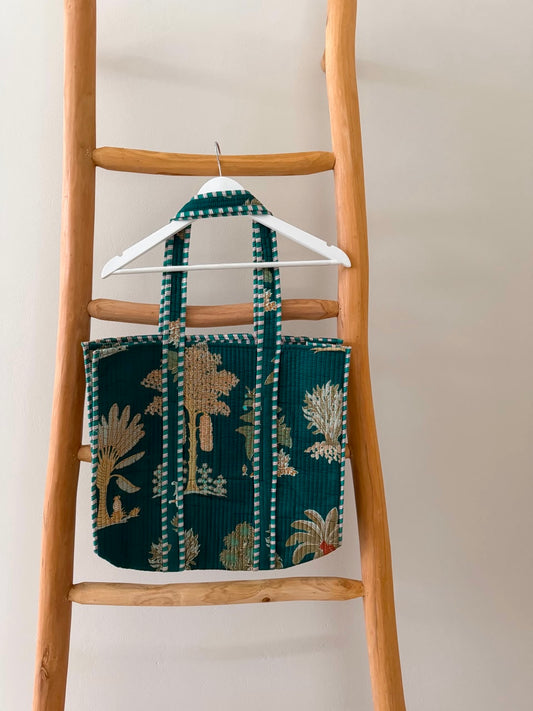 Sea green tote bag with beige floral pattern - no zip
