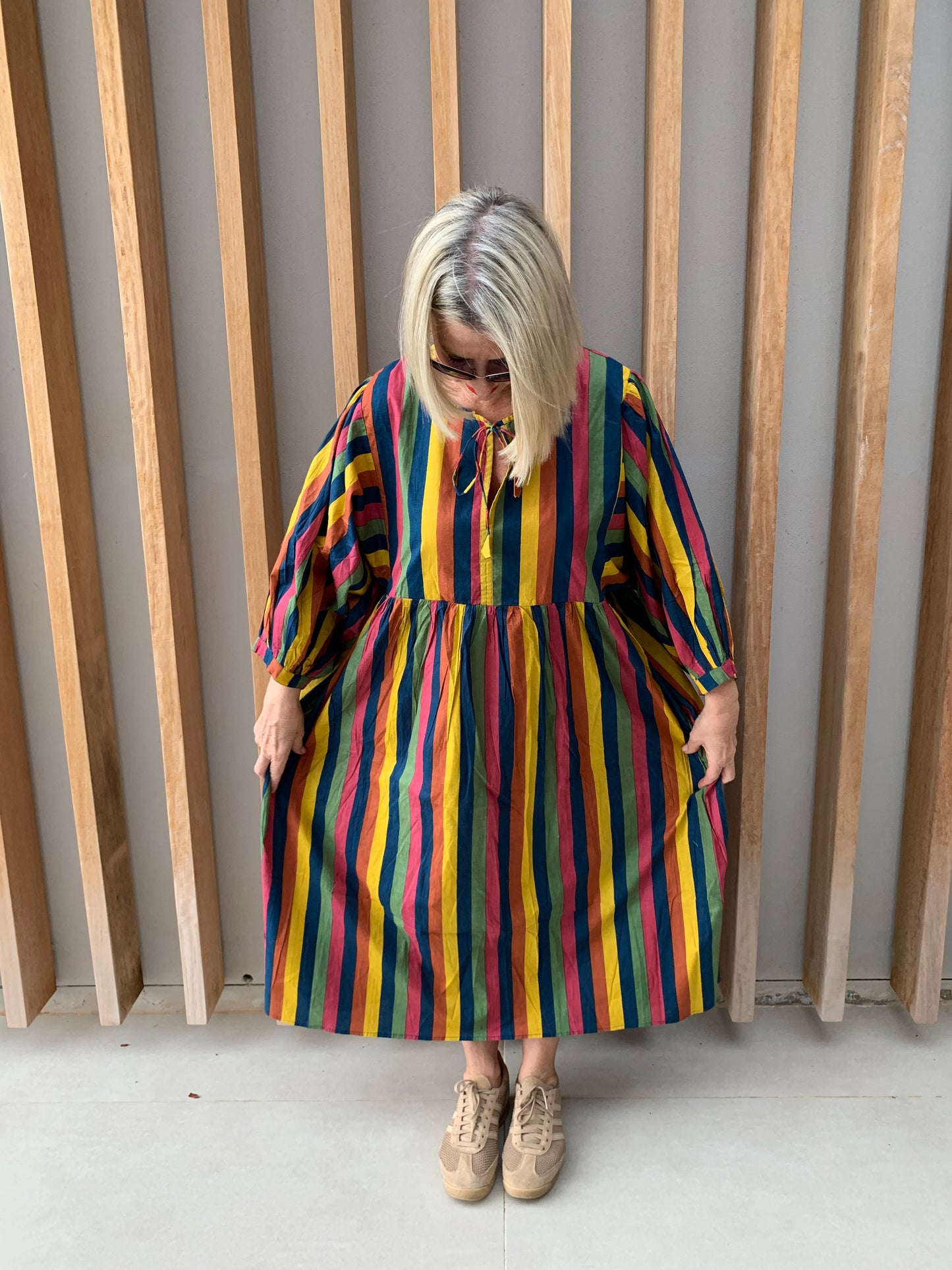 Blue, Pink, Green & Yellow Striped dress