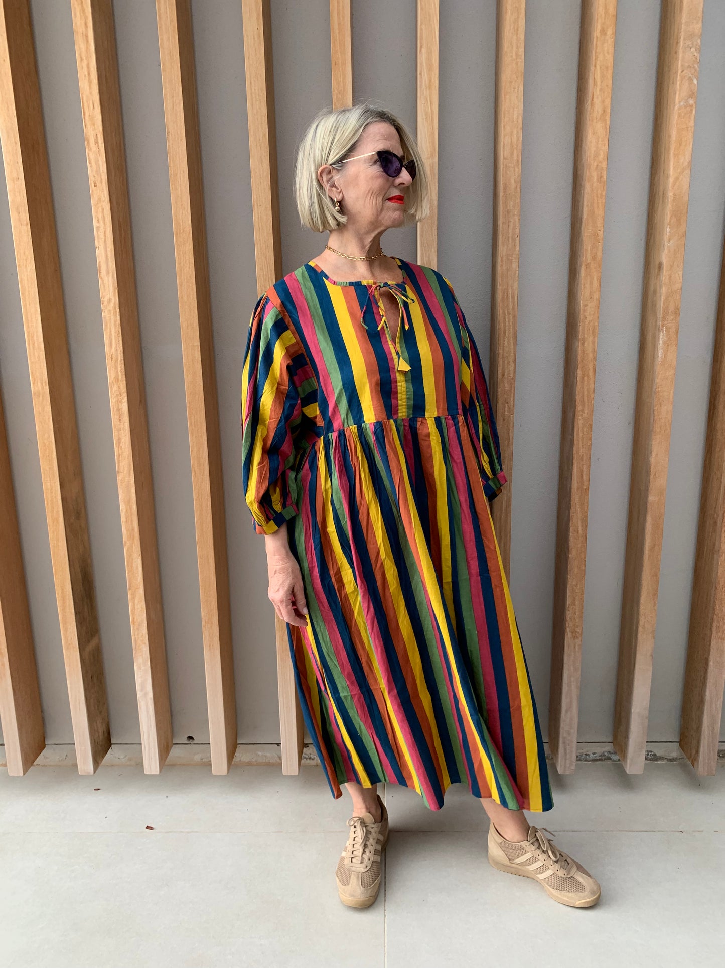 Blue, Pink, Green & Yellow Striped dress