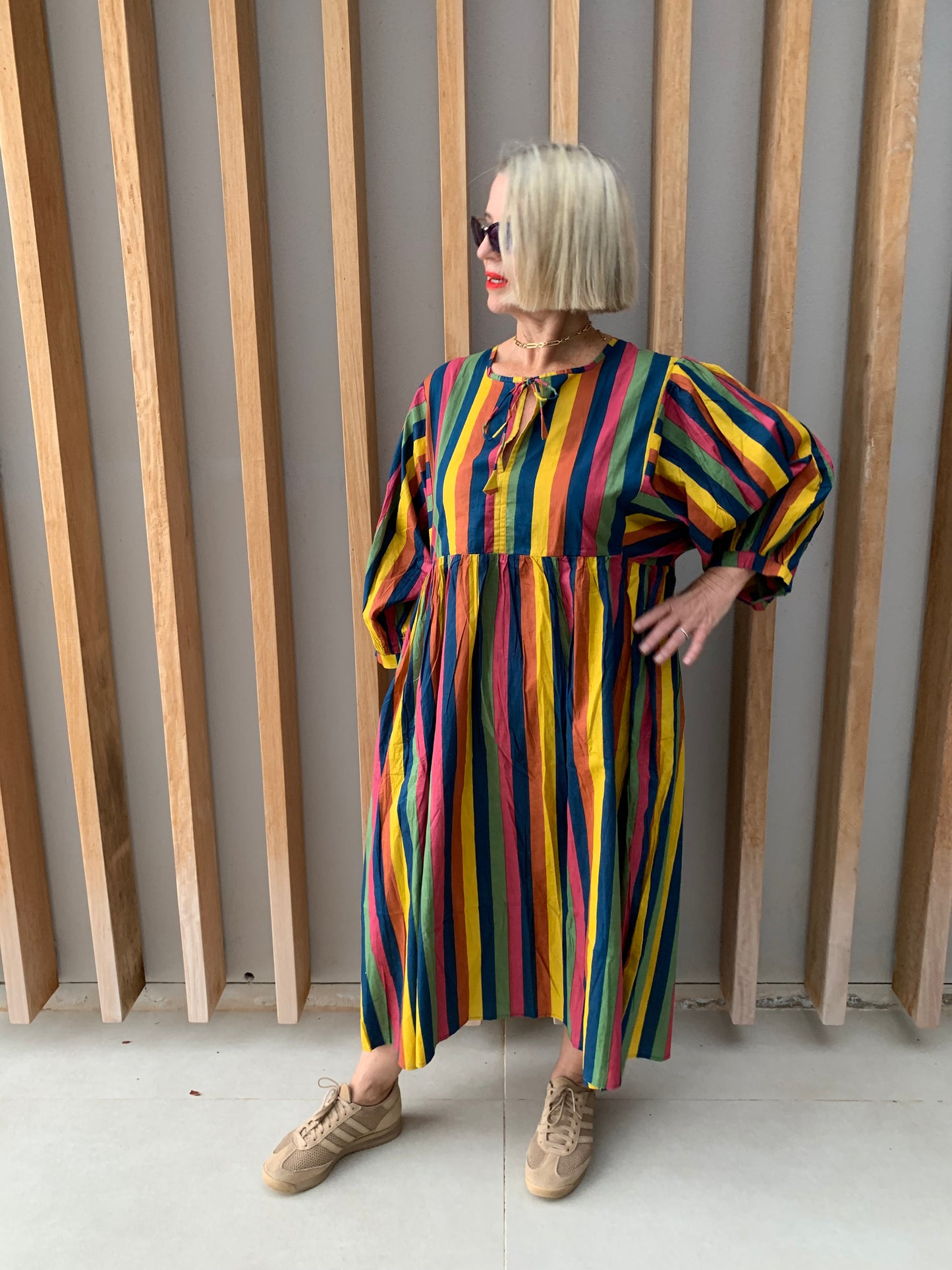 Blue, Pink, Green & Yellow Striped dress