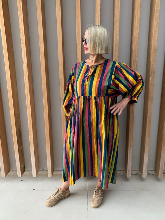Blue, Pink, Green & Yellow Striped dress