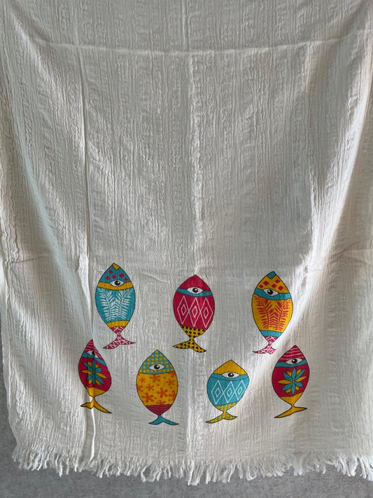 Turkish Towel - Beige  Colourful fish