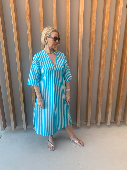 Turquoise & white stripe dress