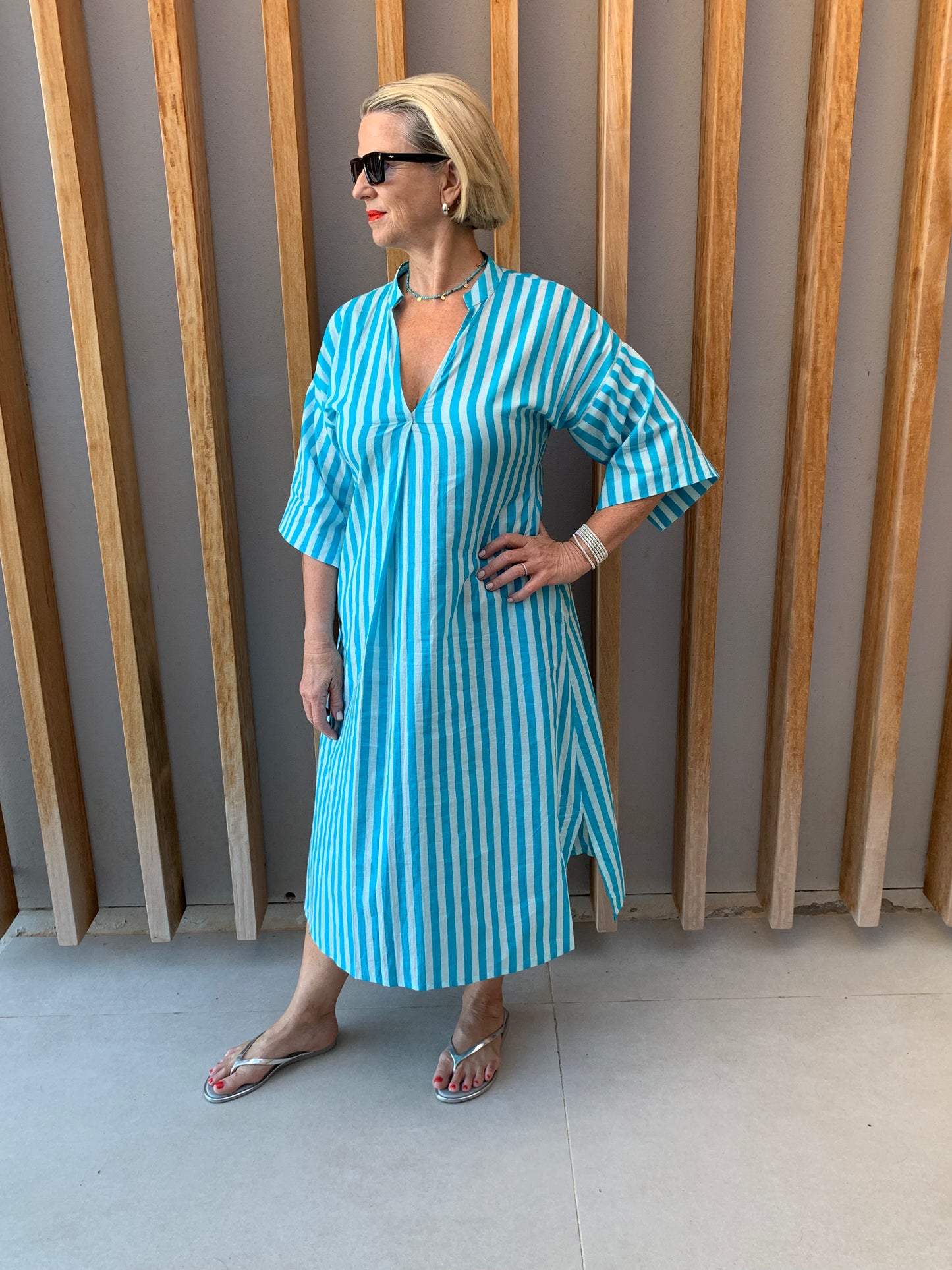 Turquoise & white stripe dress