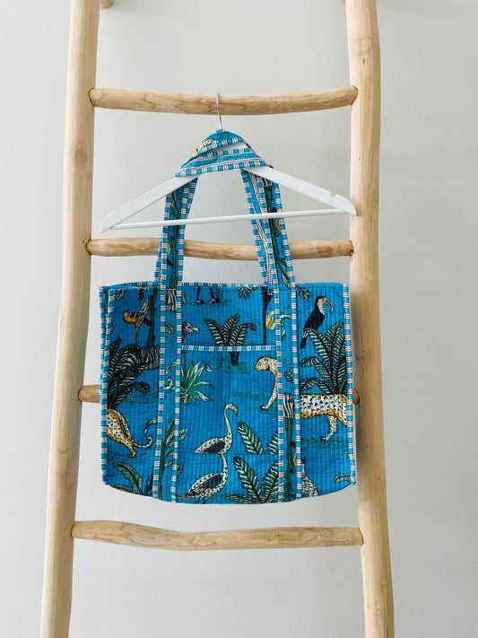 Turquoise Blue Tote Bag with animal palm pattern