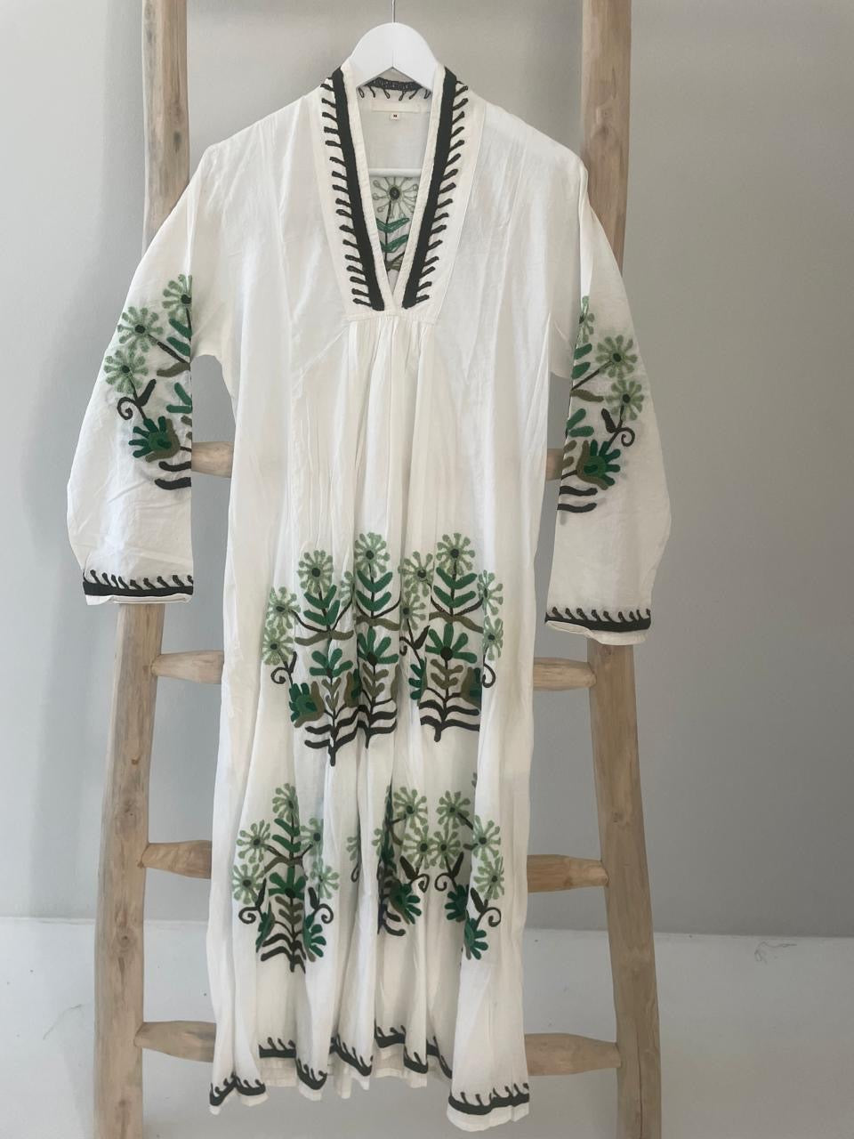 White dress with embroidered light green & olive flowers