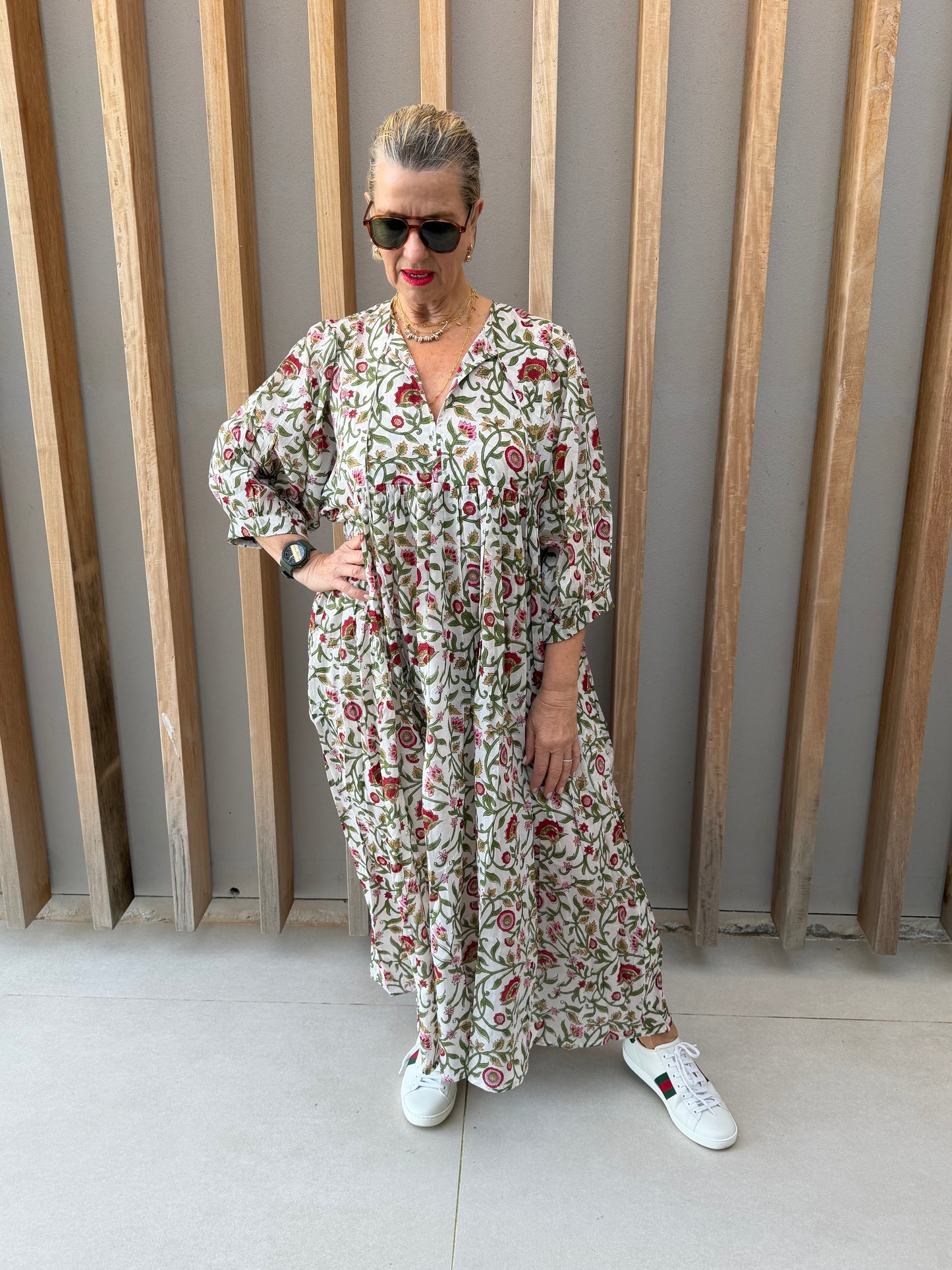 White dress with red & green floral pattern