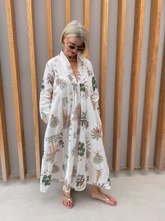 White & beige floral palm dress