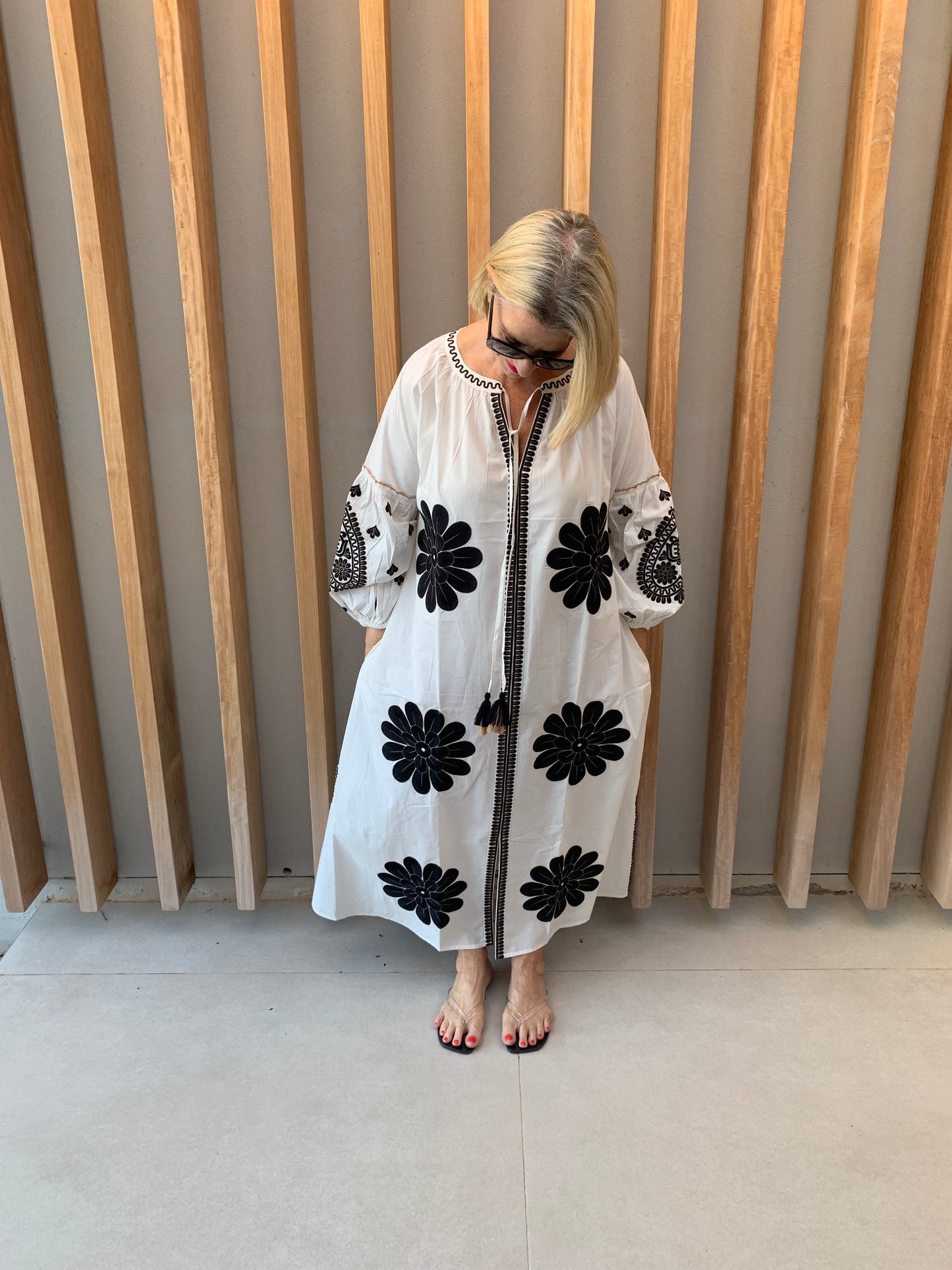 White dress with black geometric pattern