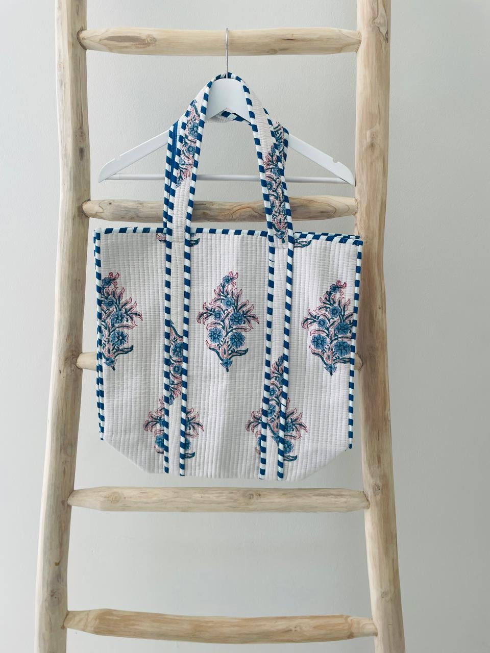 White Tote Bag with blue floral pattern