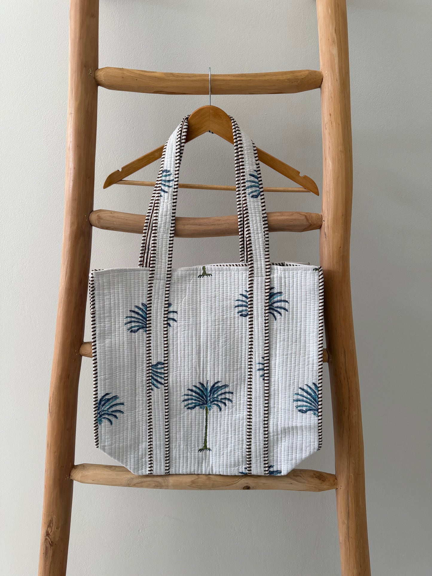 White Tote Bag with blue palm pattern