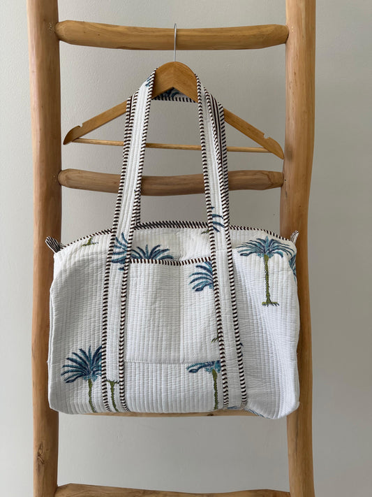 White Duffle Bag with blue palm pattern