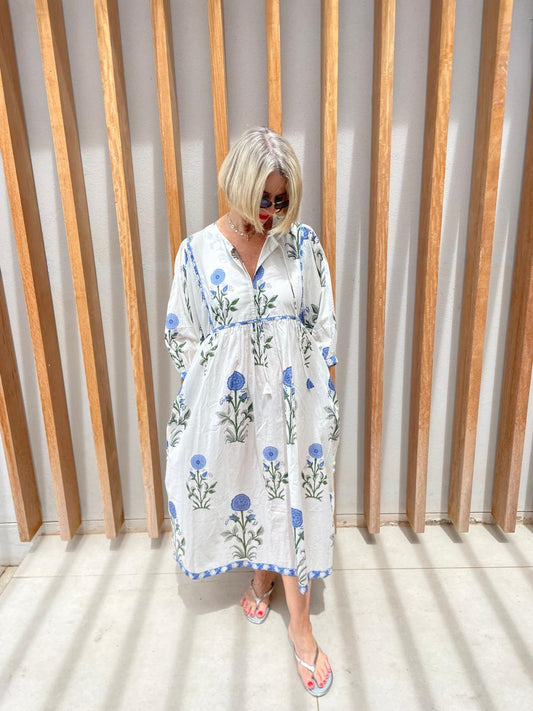 White dress with blue poppy