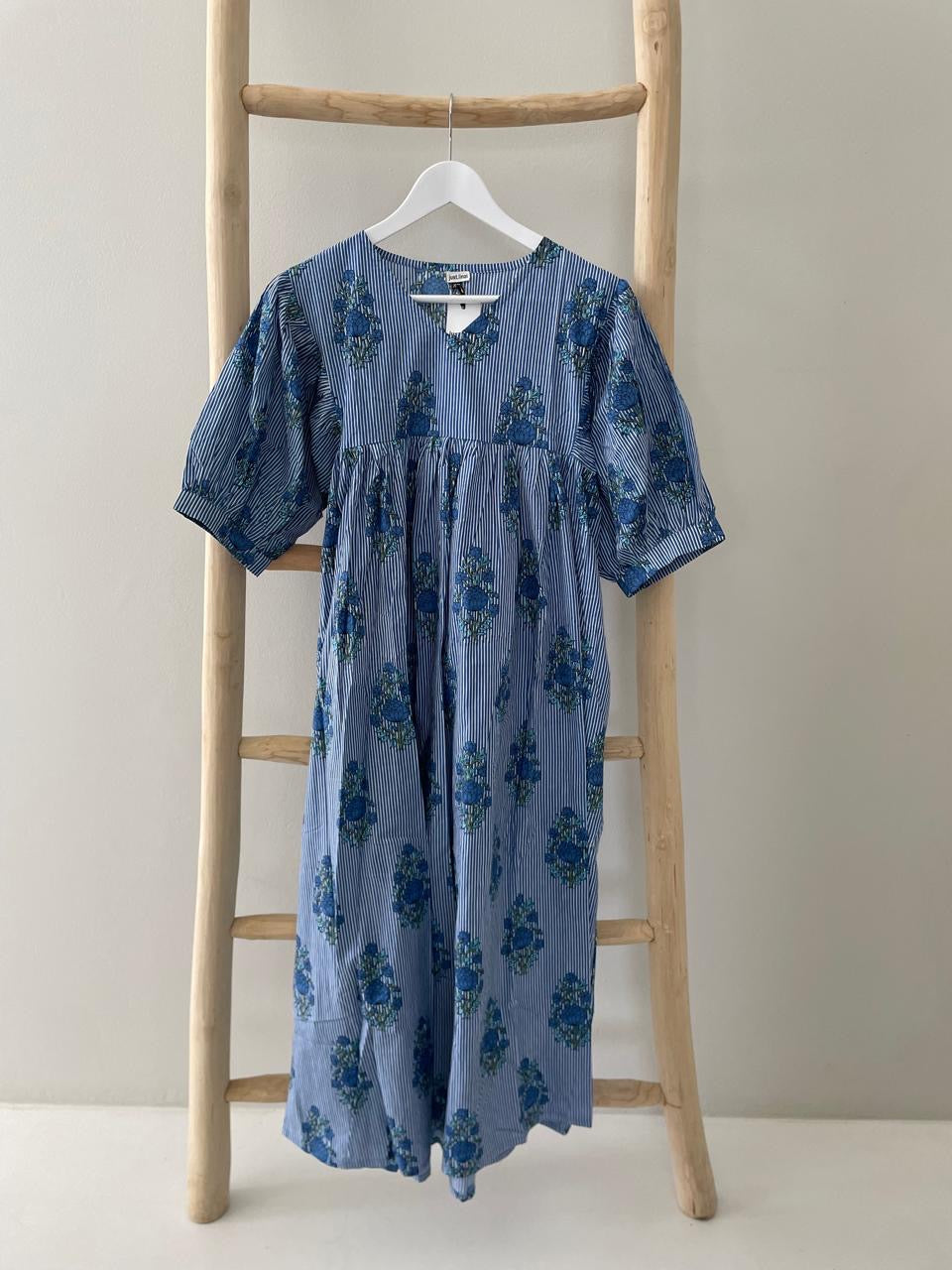 White & blue striped floral poppy dress