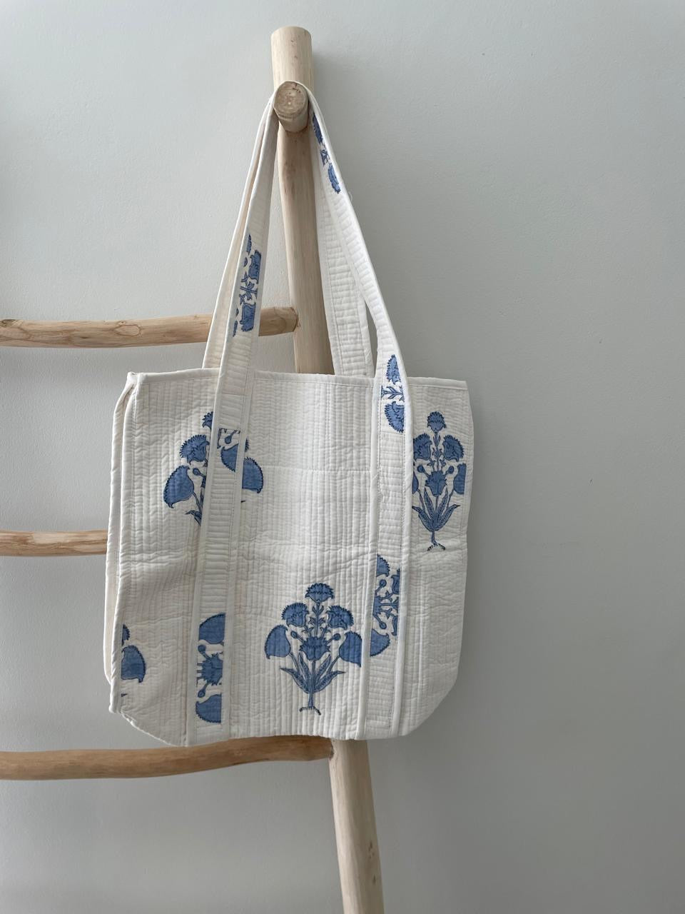 Tote Bag: White & blue floral