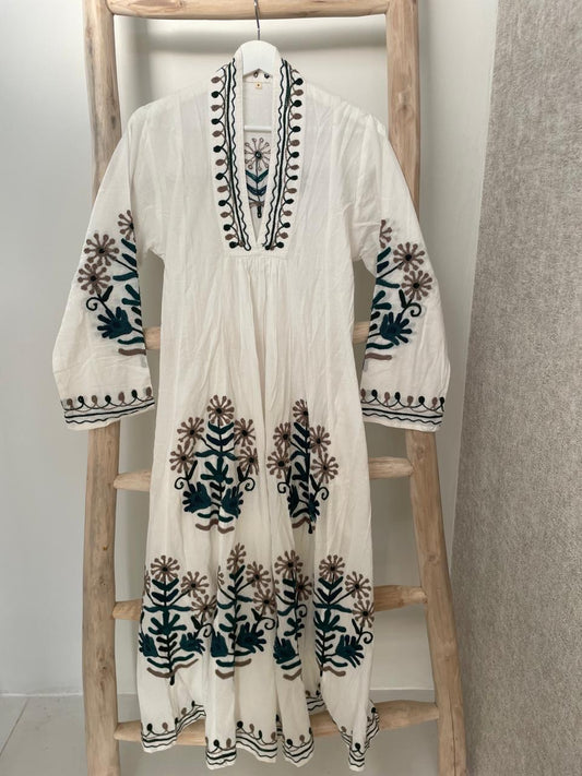 White dress with embroidered dark green & olive flowers