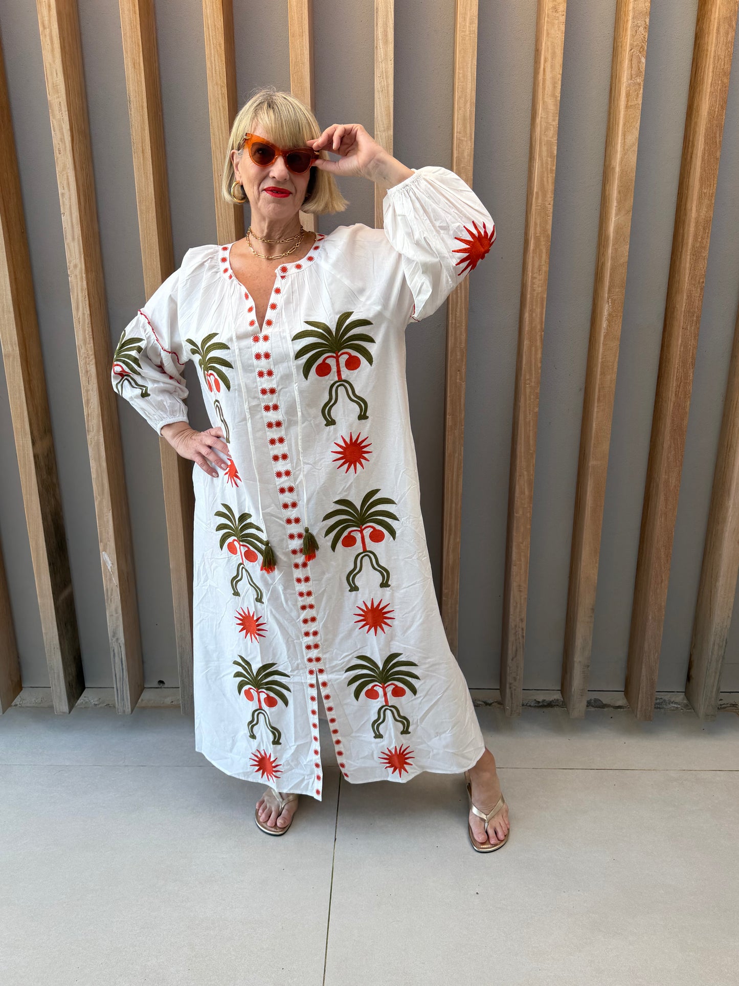 White dress with geometric palm pattern